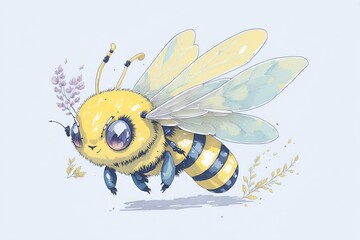 watercolor CUTE FLYING BEE CHARACTER WITH ANIME STYLE decorative elements flat cartoon isolated on white CREATED BY AI GENERATED