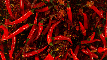 Fototapeta premium Chilli peppers flying up in the air. Freeze motion. Isolated on black background.
