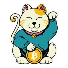 Illustration of a Lucky Cat with Cryptocurrency Coin