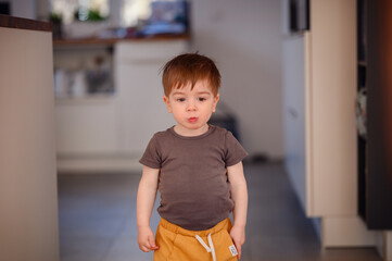 Little toddler boy standing alone in light airy living room in home wear