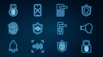 Set line Fingerprint with lock, Face recognition, Digital door, Shield voice, and Mobile and face icon. Vector