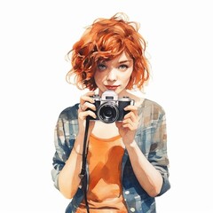 Watercolor Painting of a Girl Holding a Camera Concept