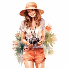 Pretty Girl with a Hat and Camera in Vibrant Hues Flower
