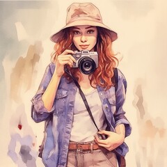 Watercolor Illustration of a Girl Holding a Camera, Wearing a Hat Concept