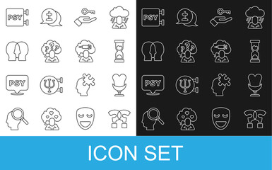 Set line Question mark, Armchair, Old hourglass, Solution to the problem, Head with question, Bipolar disorder, Psychology, Psi and Addiction drug icon. Vector