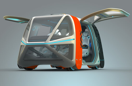 Transport of the future. Car flying above the ground, against a foggy horizon, the concept of a flying car Possible. Individual design. Designed for multiple passengers. 3D illustration.