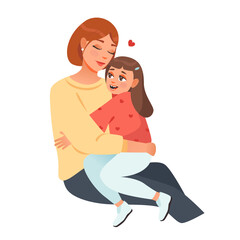 Mom and daughter hug. Happy mom and girl child embracing. Cute kid sitting on mum knees. Cartoon vector illustration.