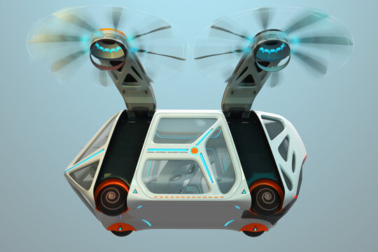 Transport of the future. Car flying above the ground, against a foggy horizon, the concept of a flying car Possible. Individual design. Designed for multiple passengers. 3D illustration.