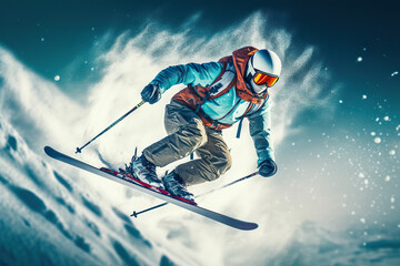 Adrenaline rush - Skier jumping and skiing down the mountain in extreme winter sports. created with Generative AI - obrazy, fototapety, plakaty