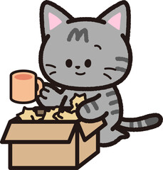 荷物を段ボールから取り出すサバトラ猫