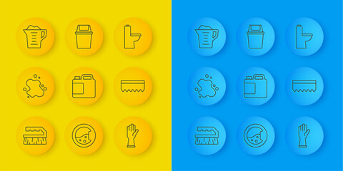 Set line Brush for cleaning, Water spill, Bottle agent, Rubber gloves, Sponge, Washing powder, Toilet bowl and Trash can icon. Vector