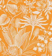 Seamless tropical pattern. Lacy pattern of palm trees on an orange background. Papercut pattern.  - 601647834
