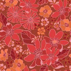 Retro flowers in the style of the 70s. Shades of red, seamless pattern. - 601647835