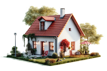 Fototapeta na wymiar A small three dimensional house with red roof on a white background with 1 chimney in front of the house there is a small lawn and a few small trees on one side of the house there is a small terrace w