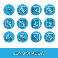 Set line Magnifying glass with footsteps, Human footprints shoes, Dove paw, Chicken and icon. Vector