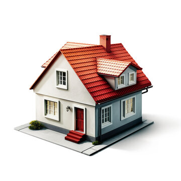 A small three dimensional house with red roof on a white background