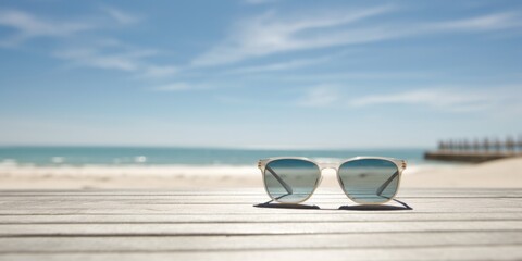 Fototapeta na wymiar Sunglasses on wooden table. Free space for your decoration of product or text. Blurred landscape of sea with blue sky. Generative AI.