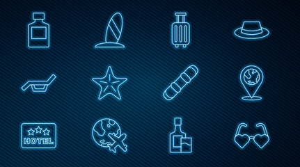 Set line Heart shaped love glasses, Location on the globe, Suitcase, Starfish, Sunbed and umbrella, Whiskey bottle, Snowboard and Surfboard icon. Vector