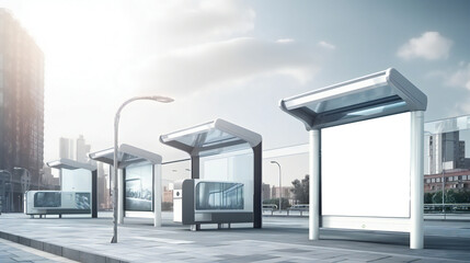 white blank advertising banner at a public transport stop in the city. Generative ai