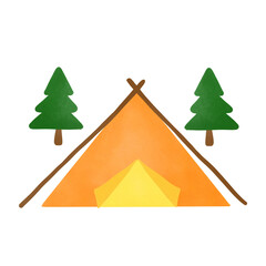 Camping tent with tree in forest hand drawn illustration