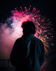 A man's silhouette is captured against a vibrant firework display in the night sky. The photo depicts a joyful holiday celebration full of colors, lights, and festive emotions. Generative AI.