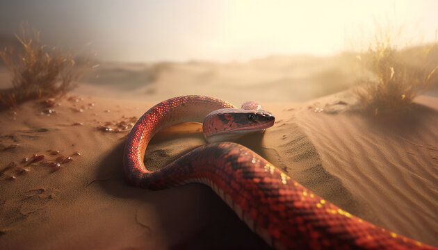 Close up front view of red snake crawling in the desert. Generative aI