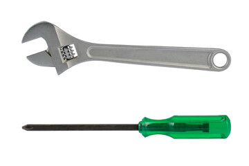 A wrench and screwdriver tools isolated on white background.