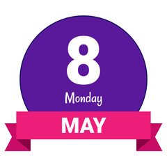 8 May, Monday. Date template. Useful design for calendar or event promotion. Vector illustration EPS 10 File. Isolated on white background.