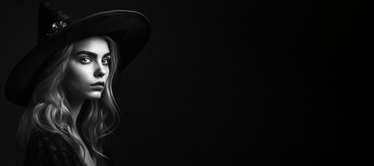 Black and white photorealistic studio portrait of a beautiful witch on black background. Generative AI illustration