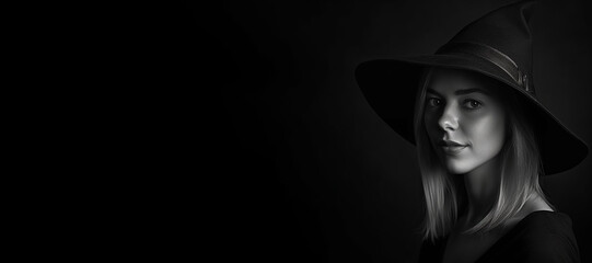 Black and white photorealistic studio portrait of a beautiful witch on black background. Generative AI illustration