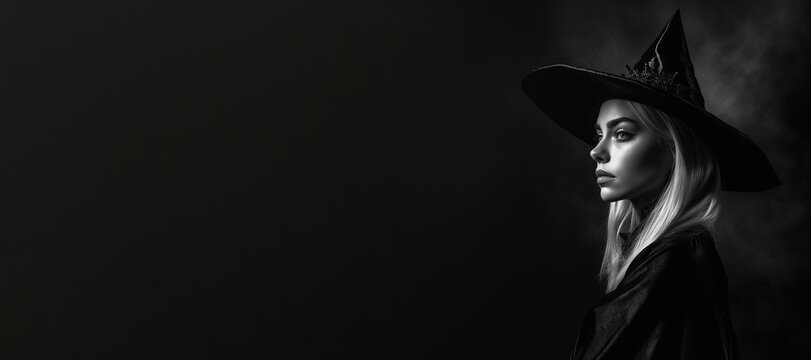 Black and white photorealistic studio portrait of a beautiful witch on black background. Generative AI illustration