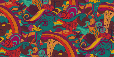 Rainbow City Doodle Seamless Vector Pattern