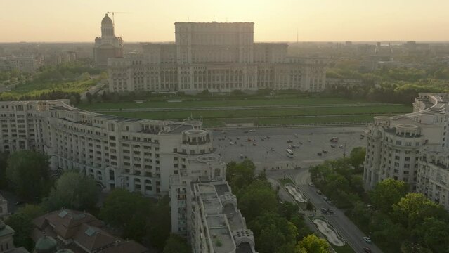 Aerial View Of Palace of Parliament And Constitution Square In Bucharest, Romania.