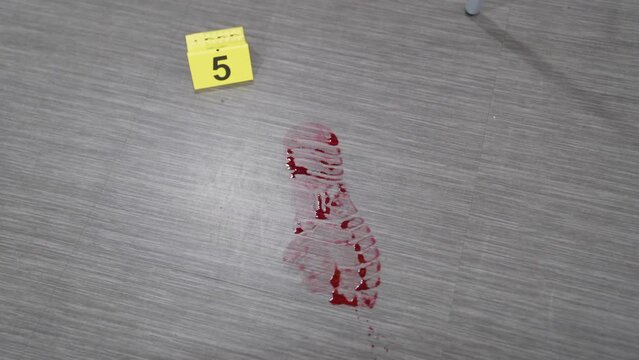 Crime scene with a bloody foot print on the ground and yellow number sign.