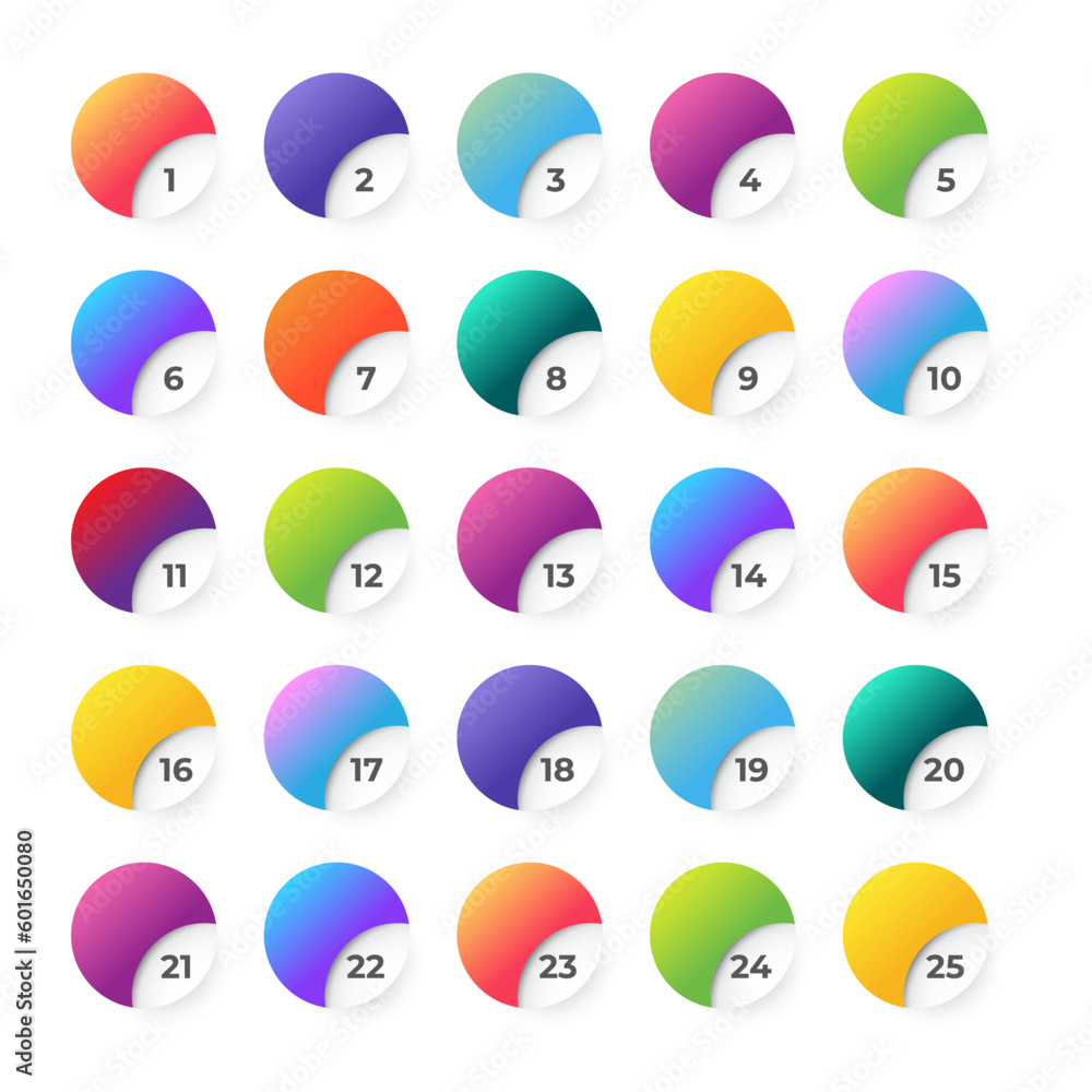 Aufkleber number bullet points 1 to 25. trendy gradient 3d markers vector collection