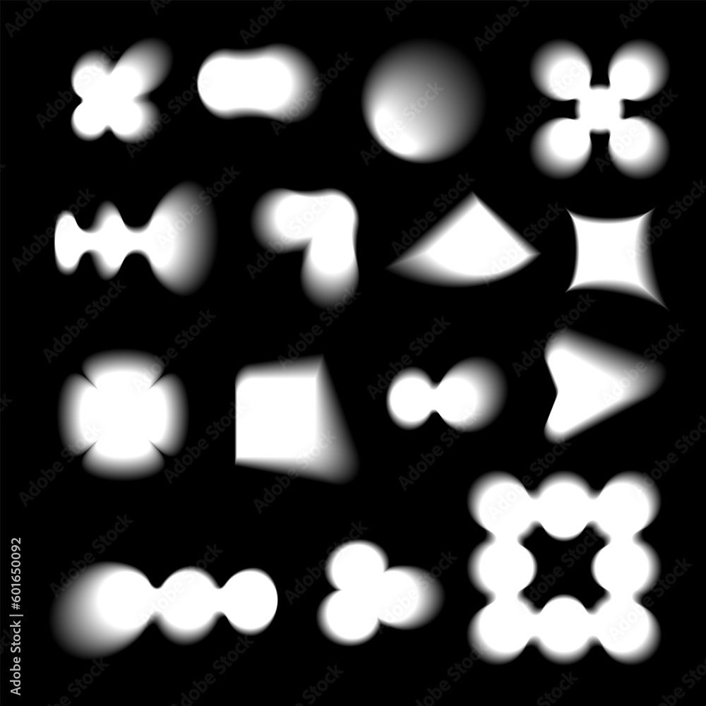 Poster abstract blurry shapes collection. vector set of white geometric forms with soft edge on black backg