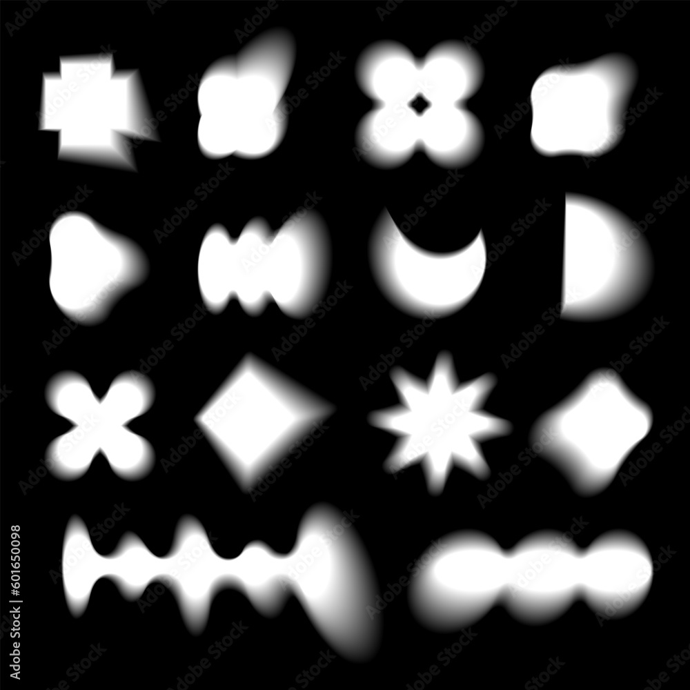 Aufkleber abstract blurry shapes collection. vector set of white geometric forms with soft edge on black backg