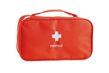 First Aid Kit Bag red color with drug isolated on white background with clipping path, health care.