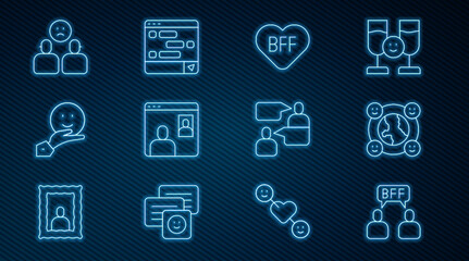 Set line BFF or best friends forever, International community, Video chat conference, Happy friendship day, Complicated relationship, Two sitting men talking and Chat messages laptop icon. Vector