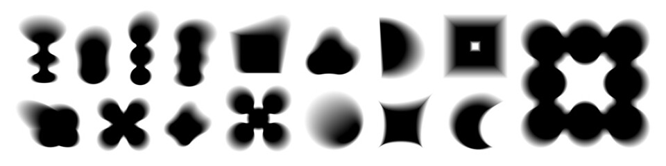 Abstract blurry shapes collection. Vector set of black geometric forms with soft edge. Silhouette forms with blur effect 