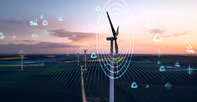 Green energy power production.Process of rotating wind energy graphically.Virtual data technology.