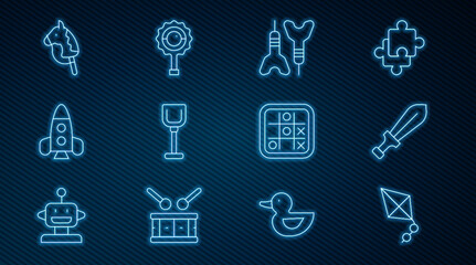 Set line Kite, Sword toy, Dart arrow, Shovel, Rocket ship, Toy horse, Tic tac toe game and Rattle baby icon. Vector