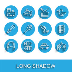 Set line Jump rope, Battery, Toy train, car, Gamepad, Magic wand, railway and plane icon. Vector