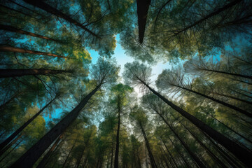 Clear blue sky and green trees seen from below. Carbon neutrality concept presented in a vertical format. Pictures for Earth Day or World Environment Day desktop backgrounds. Generative AI  - obrazy, fototapety, plakaty