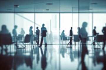 Corporate Visionaries: Blurred Business People in a Modern White Glass Office. created with Generative AI