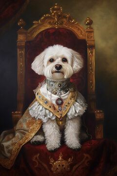 Portrait painting of a Maltese dog in a royal attire. Generative Ai.