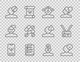 Set line Online psychological counseling, Sad and depressed man, bad mood, Hypnosis, Psychological test, Yin Yang symbol, Medicine pill or tablet, Human with question mark and Psychology icon. Vector