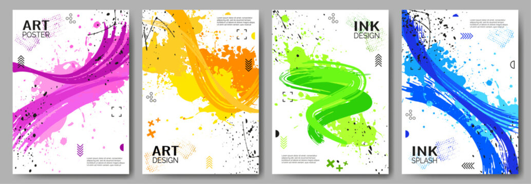 Set of colorful posters. Bright splashes of paint, brush strokes, splashes of ink for use in design. Design for cover, book, banner, flyer, magazine, web background. Vector illustration.