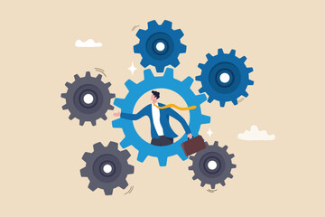 Process and workflow optimization, work improvement or increase productivity, efficiency or automation system, solve problem or solution concept, businessman on gear, cogwheels optimize process.