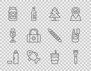 Set line Thermos container, Fork, Tree, Fish, Jam jar, First aid kit, Paper glass with water and Lighter icon. Vector